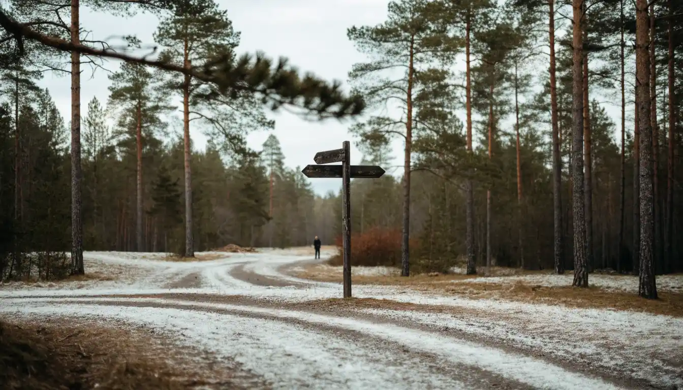 Suomalainen metsäpolku puisen opastetaulun äärellä