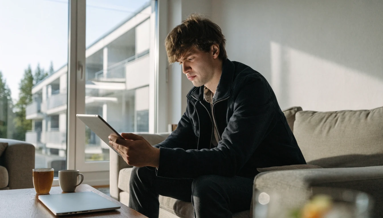 Nuori mies tarkistaa tabletin näyttöä sohvalla valoisassa olohuoneessa