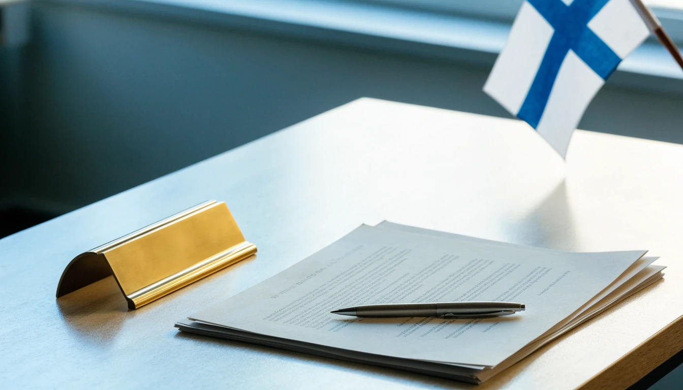 Siisti työpöytä, jossa asiakirjoja ja Suomen lippu